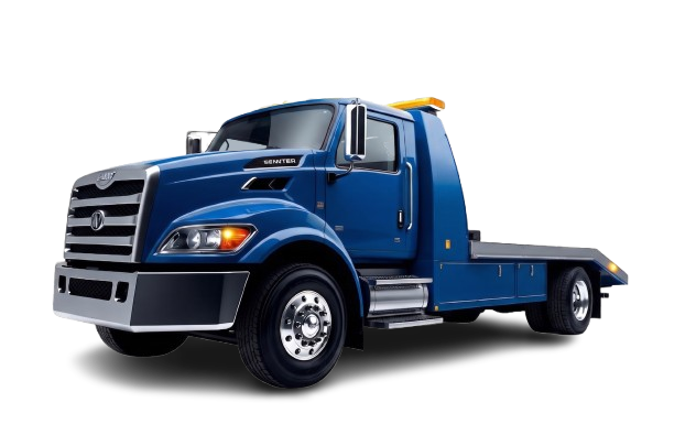 Red flatbed tow truck ready for dispatch